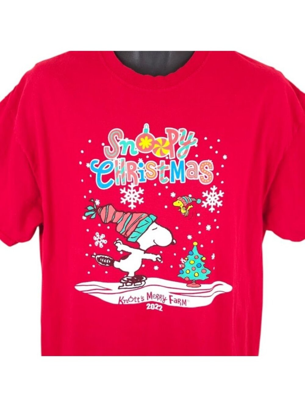 Snoopy Christmas T Shirt Mens Size XL Red Knotts Merry Farm 2022 Peanuts